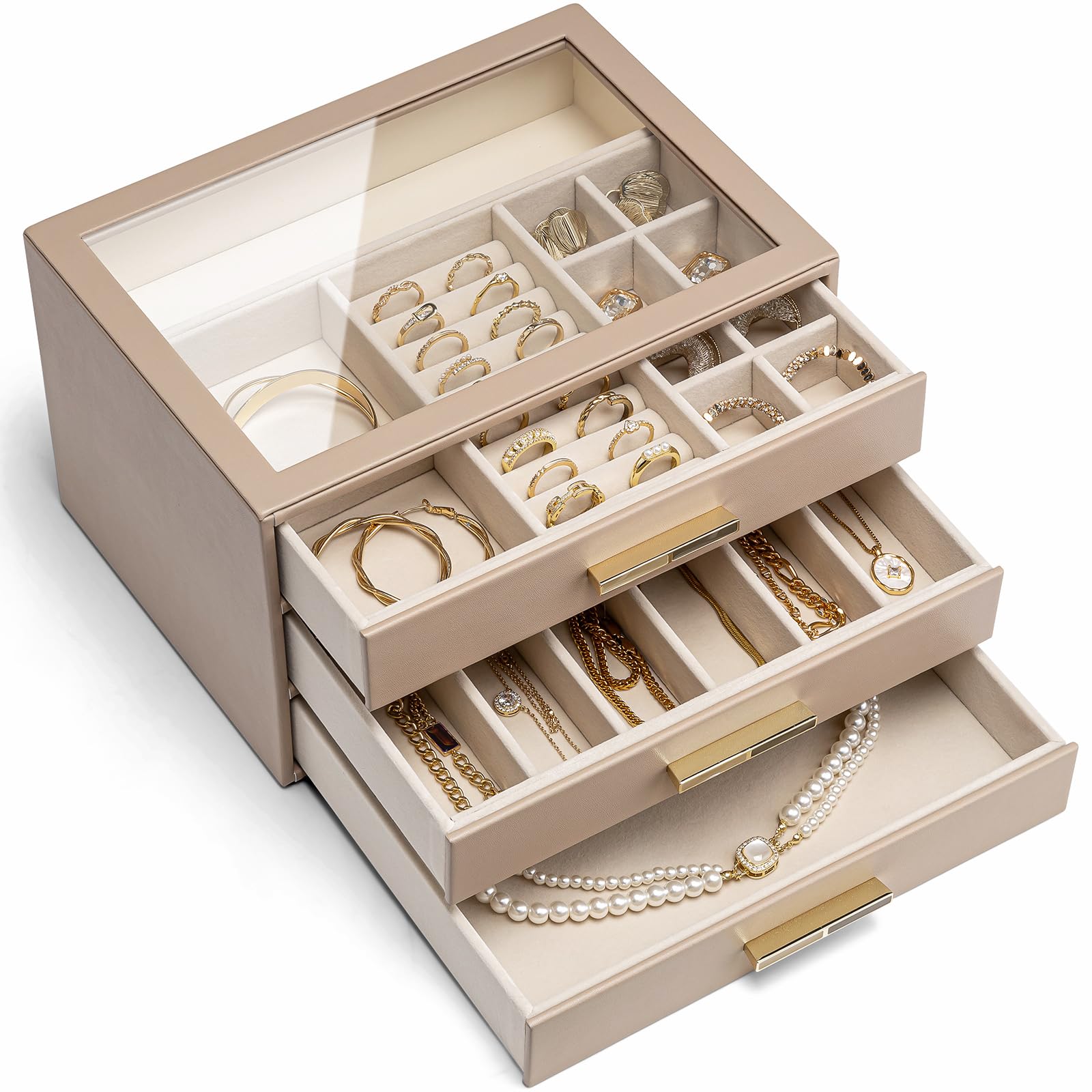 Boîte à bijoux pour femme VLANDO, idée cadeau raffinée en cuir caramel à tiroirs