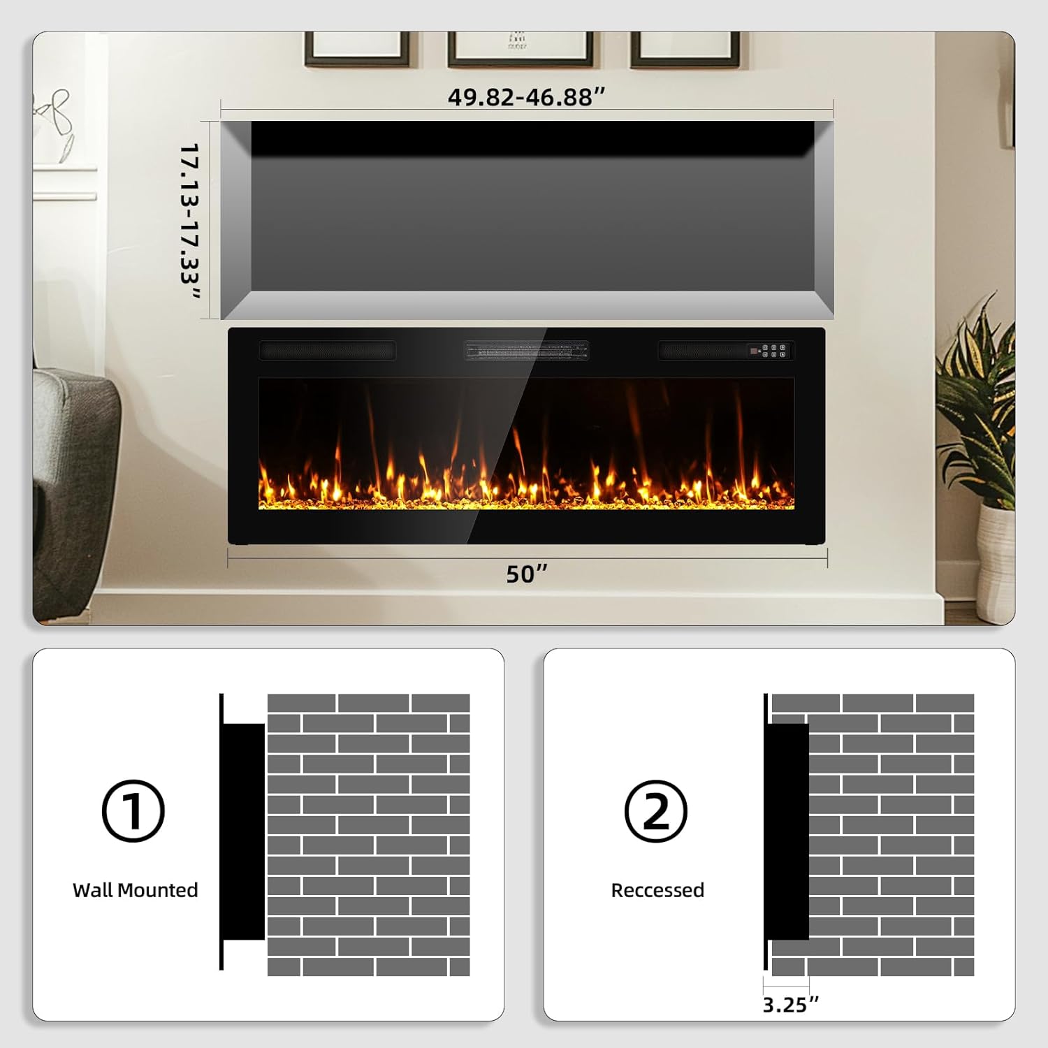 Electric Fireplace 50” Recessed and Wall Mounted Fire Places with Remote Control, Screen Control,Adjustable Flame Colors and Speed