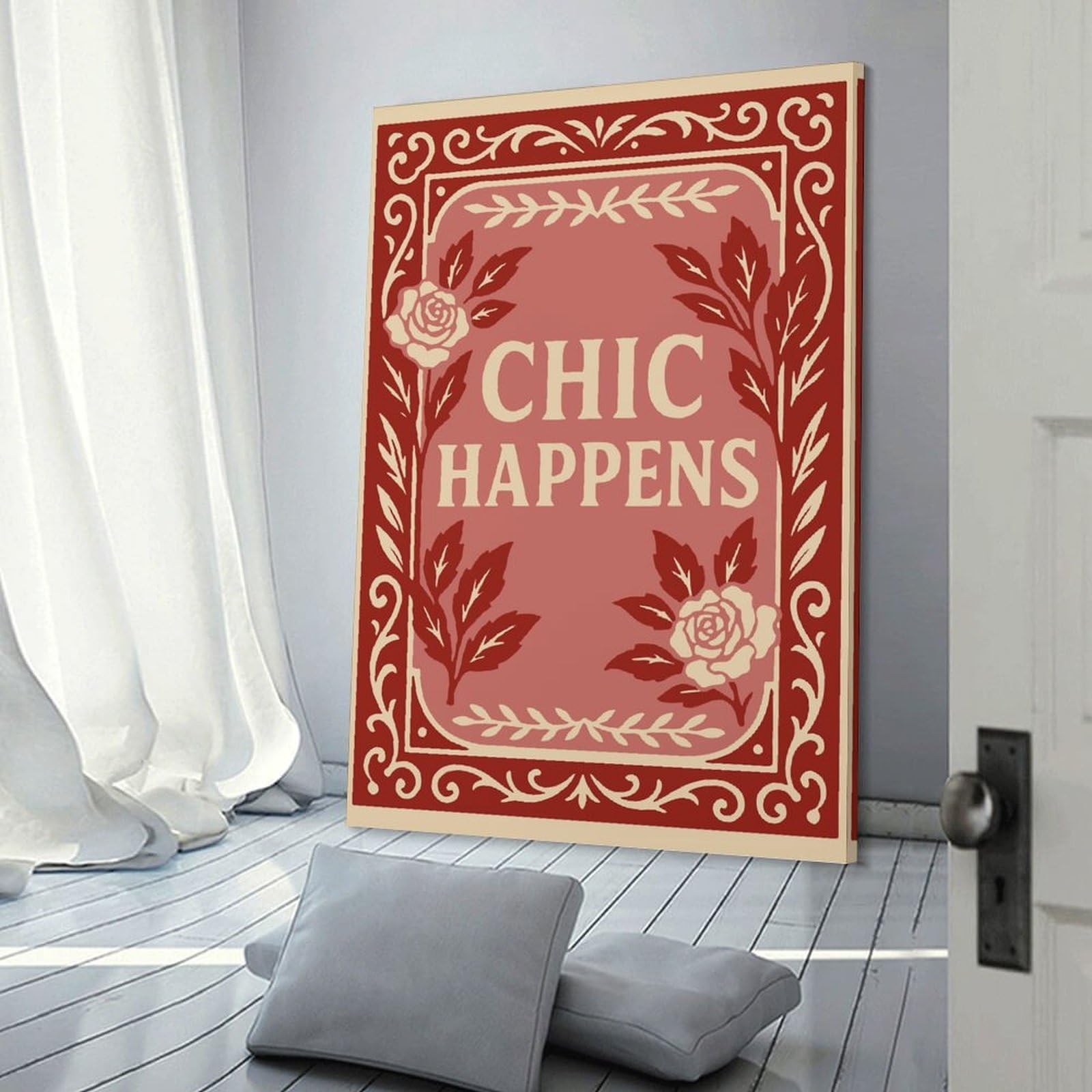 Junmoney Chic Happens Floral Framed Text Art Canvas Wall Picture 20x30inch(50x75cm), for Study, Office Or Focused Interiors, Home Office Artwork with Decorative Appeal