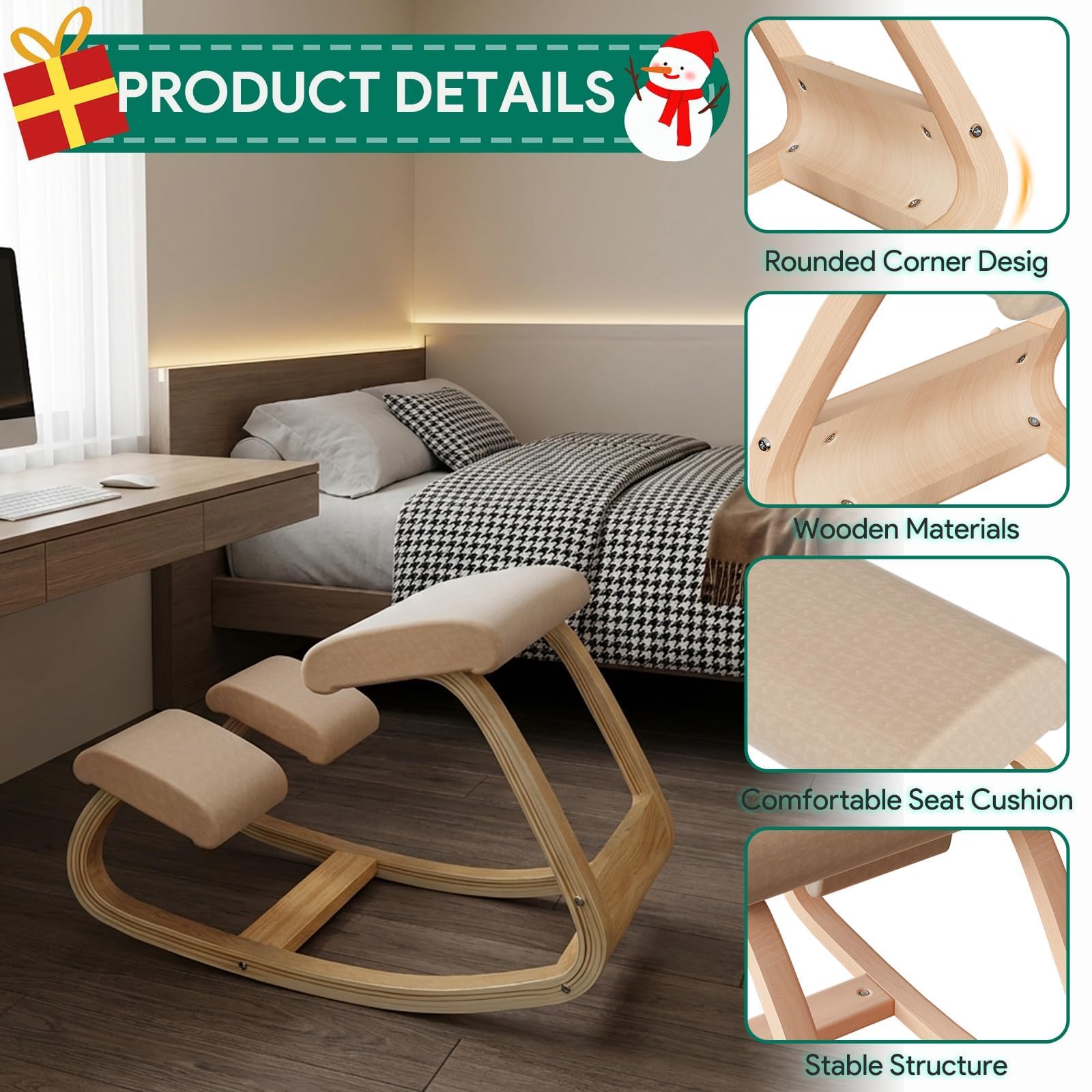 Silla ergonómica para rodillas de madera negra, corrector de postura para oficina en casa y meditación, solución de escritorio para aliviar el dolor de espalda y cuello y mayor comodidad