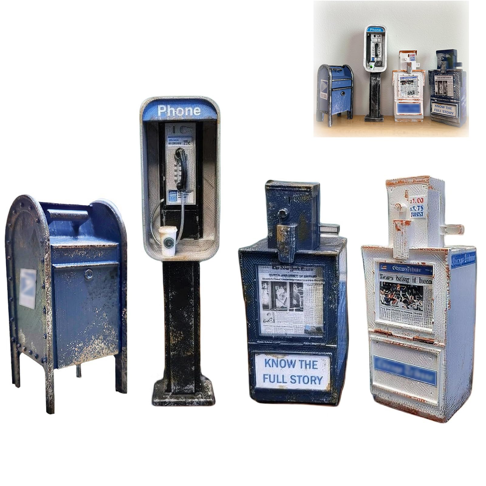 Generic Miniature American Payphone in 1:12 Scale, Mini Vintage Style Phone Booth Mailbox Model Decoration, Suitable for Collection and Scene Building Mini Dollhouse Furniture Accessories (4Pcs)
