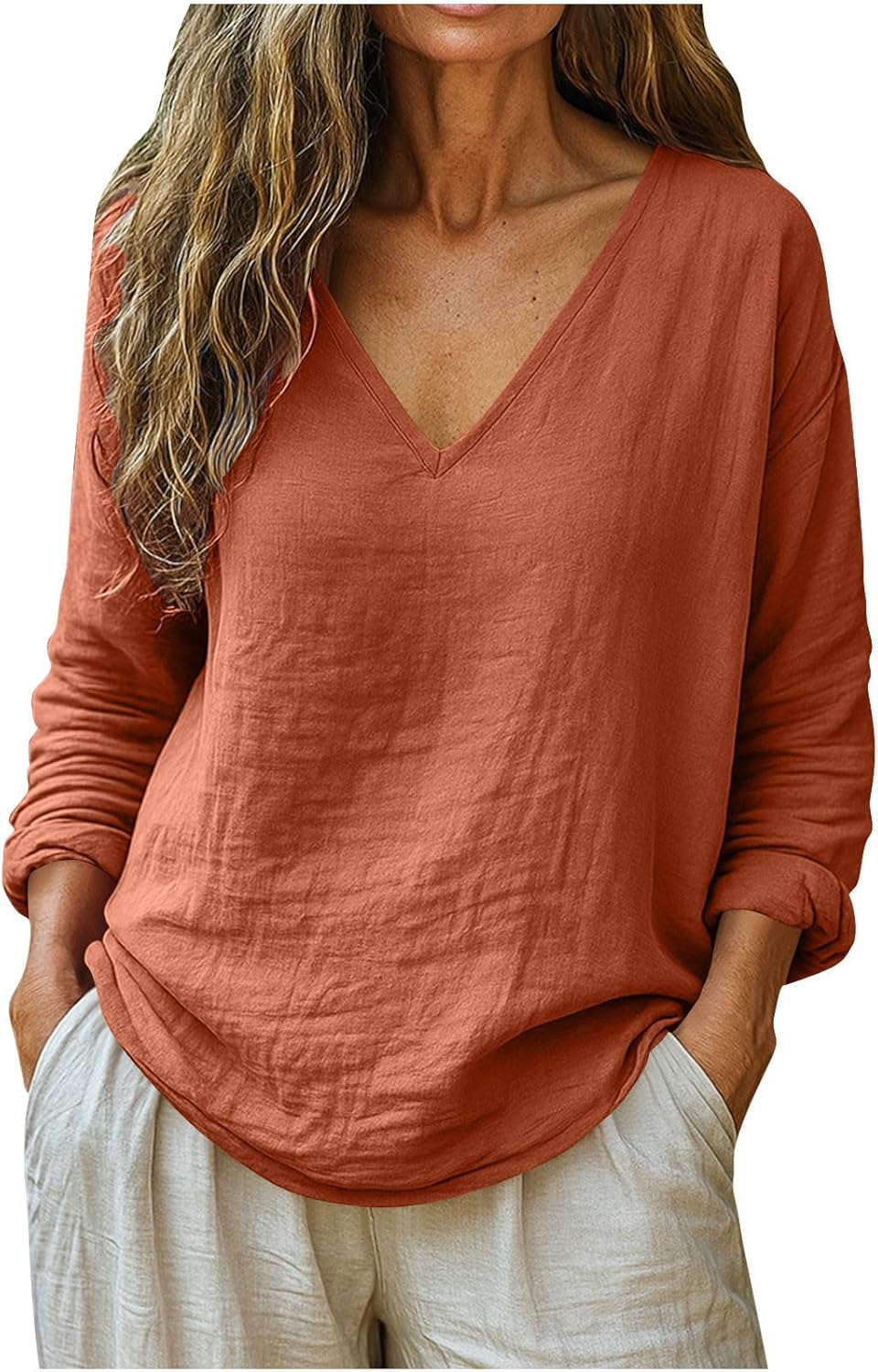 V Neck T Shirts for Women Cotton Linen Long Sleeve Tshirts Loose Fit Summer Blouses Lightweight Casual Dressy Tops