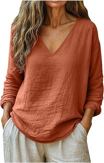 LRMQS Spring Tops for Women 2026 Trendy Casual Long Sleeve V Neck Cotton Linen Shirts Summer Tunic Blouses Gauze Clothes