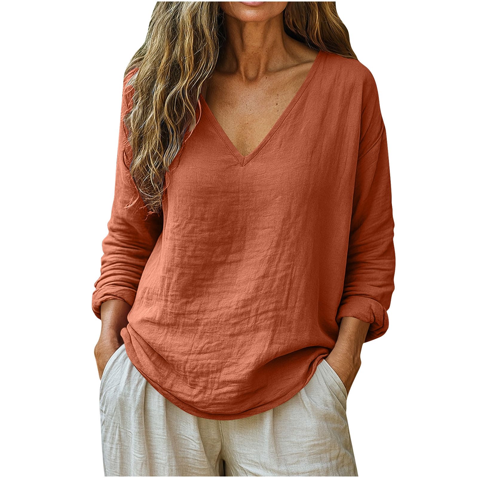 Linen Shirts for Women Long Sleeve V Neck Loose Tops Summer Beach Boho Casual Peasant Blouse — view 8