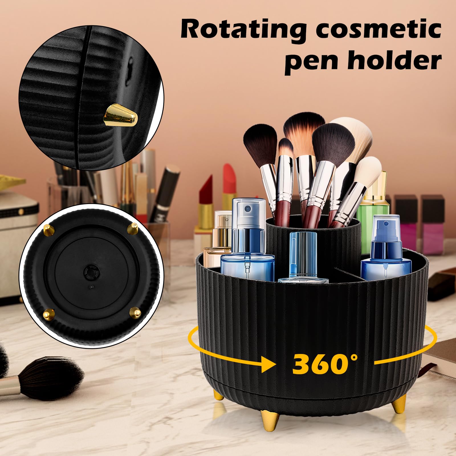 HVIHWI 360° Rotating Makeup Organiser, Make Up Brush Holder with 5 Compartments, makeup storage organiser - Image 2