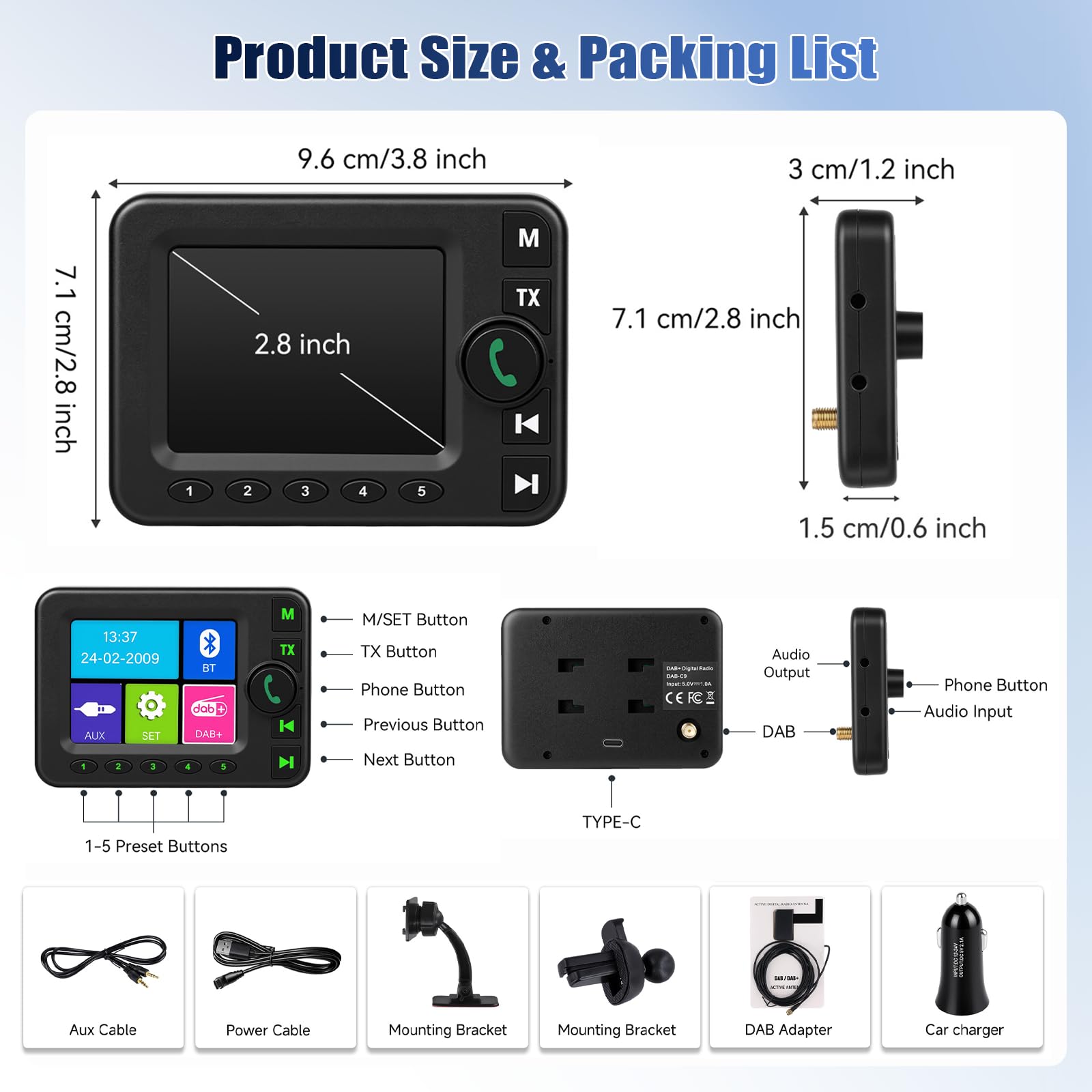 SIXTOP DAB+ Empfänger Auto mit FM Transmitter – DAB+ Adapter Autoradio Nachrüstset mit Bluetooth Freisprecheinrichtung, aktiver DAB Antenne, AUX Ausgang & 2.8 Zoll Farbdisplay