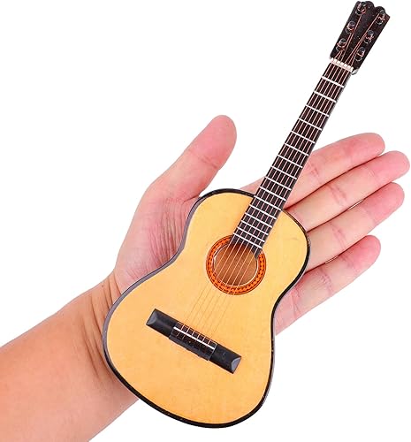 Vista 38 de Guitarra miniatura de madera con soporte y estuche, mini instrumento musical, réplica de guitarra, figuras coleccionables, accesorios de casa