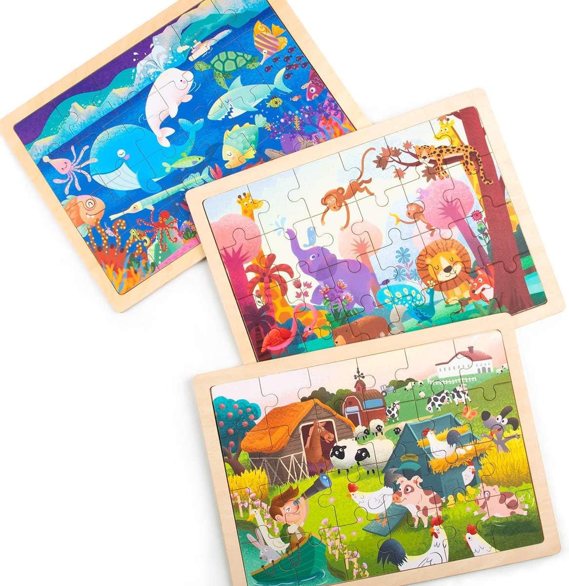 Robud Wooden Jigsaw Puzzles for Kids Ages 3+, Activity Board for Boys and Girls, 24 pcs Each - 3 in 1 Set