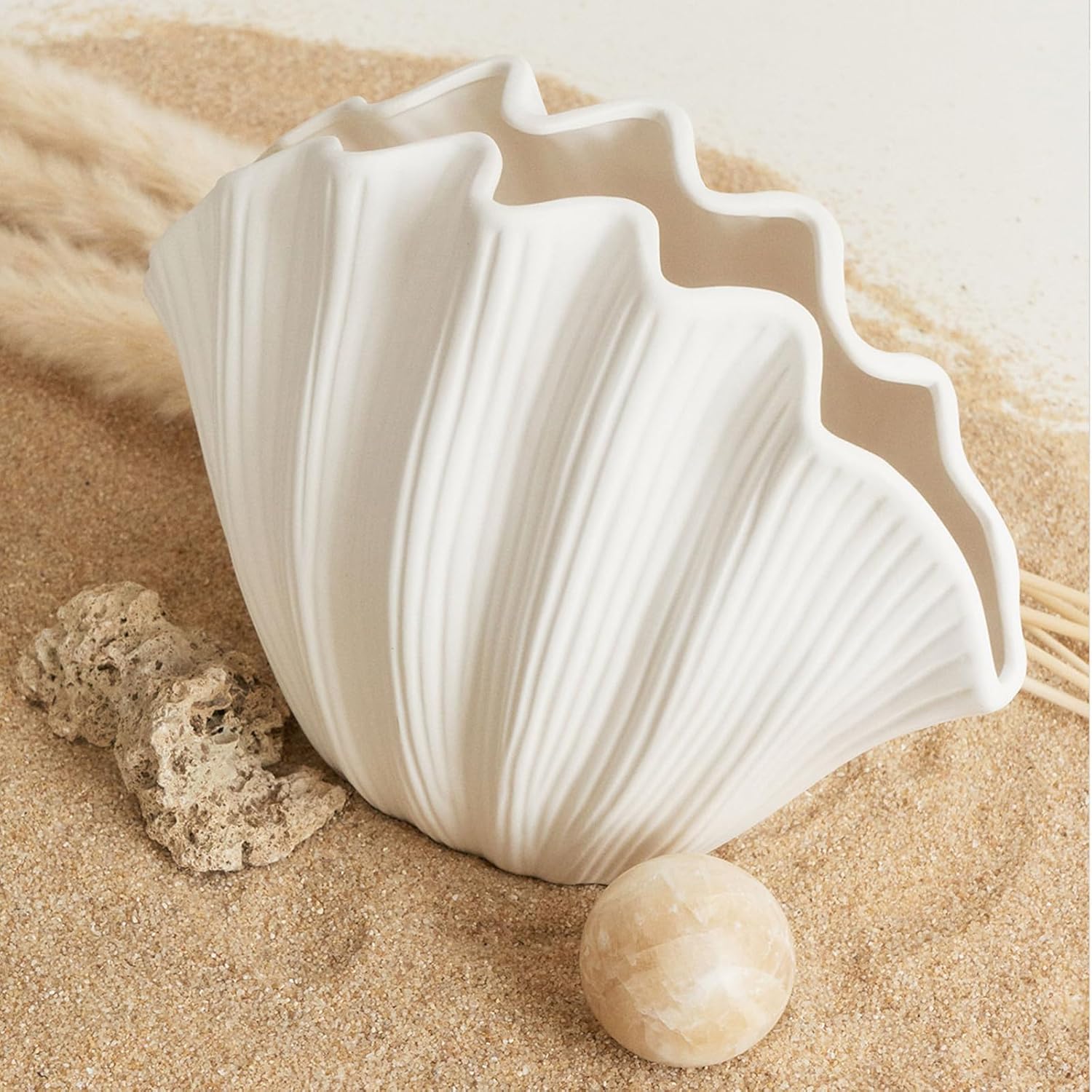 Coastal Shell-Shaped Ceramic Vase for Living Room, Modern Home Decor, Unique Farmhouse Aesthetic, Shelf and Centerpiece Table Decor - Image 2