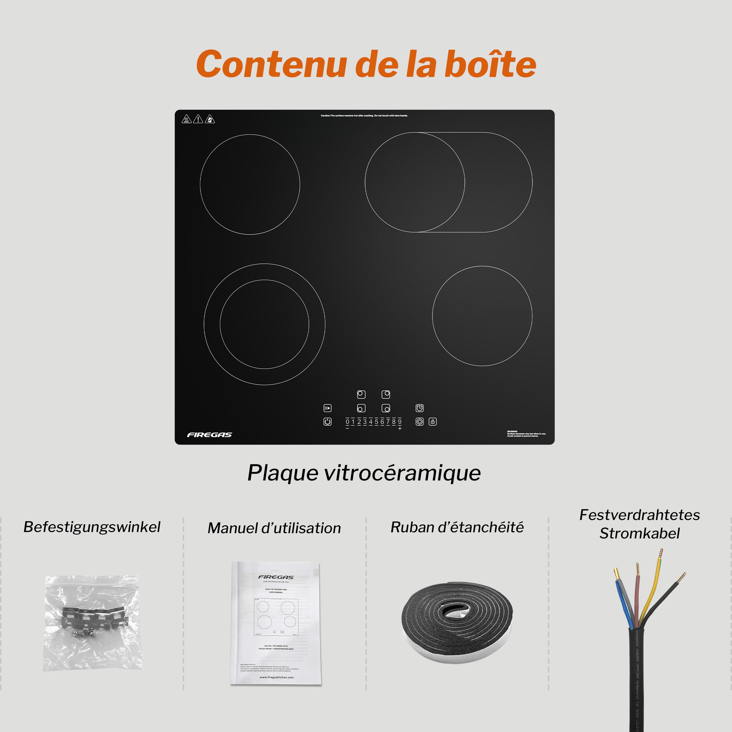 FIREGAS Plaque de Cuisson Électrique Vitrocéramique 4 Feux Encastrable 7200W Zones Duales Ovales Contrôle Tactile Minuteur