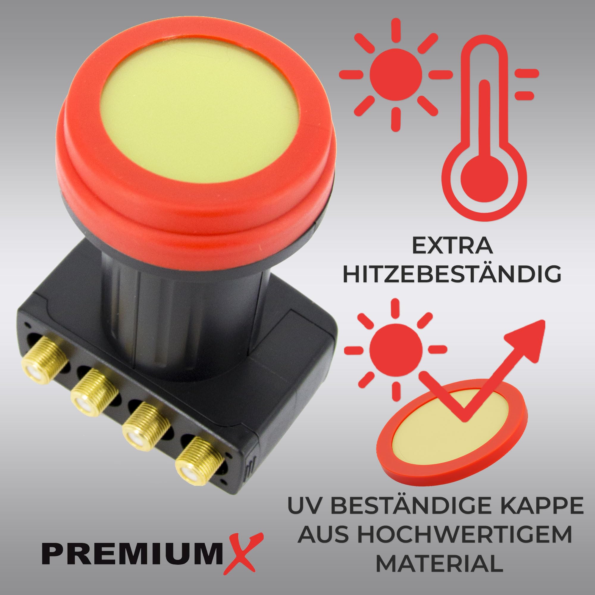 Premium X Quad LNB – 4 scomparti – estremamente resistente al calore – per 4 partecipanti – 4K Full HD – con protezione dalle intemperie per parabola satellitare satellitare – nero – con 8 connettori
