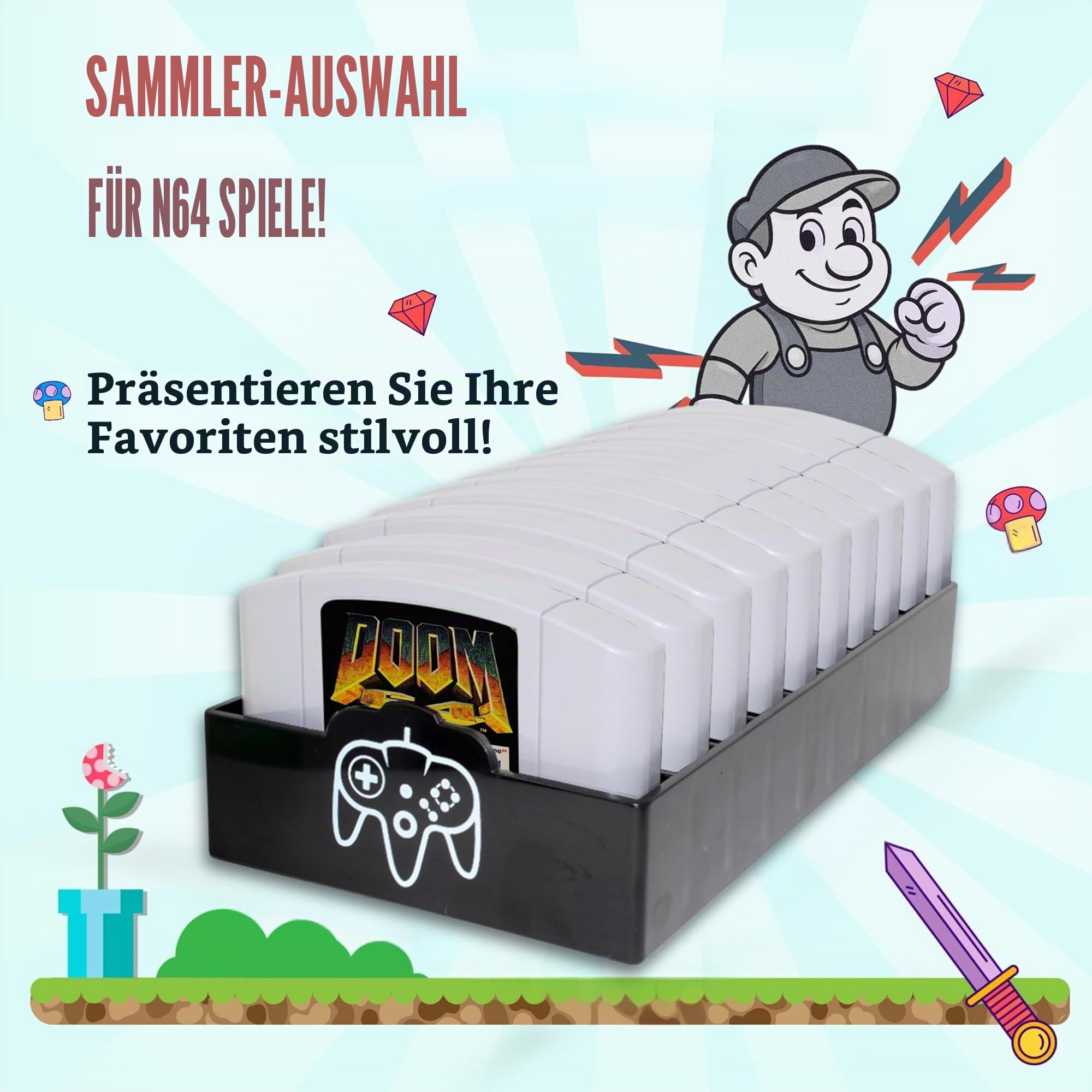 Skywin N64 Spielaufbewahrung – N64 Spielhalter passt und organisiert N64-Patronen – einfaches und stilvolles Design, um Ihre Spielesammlung zu zeigen