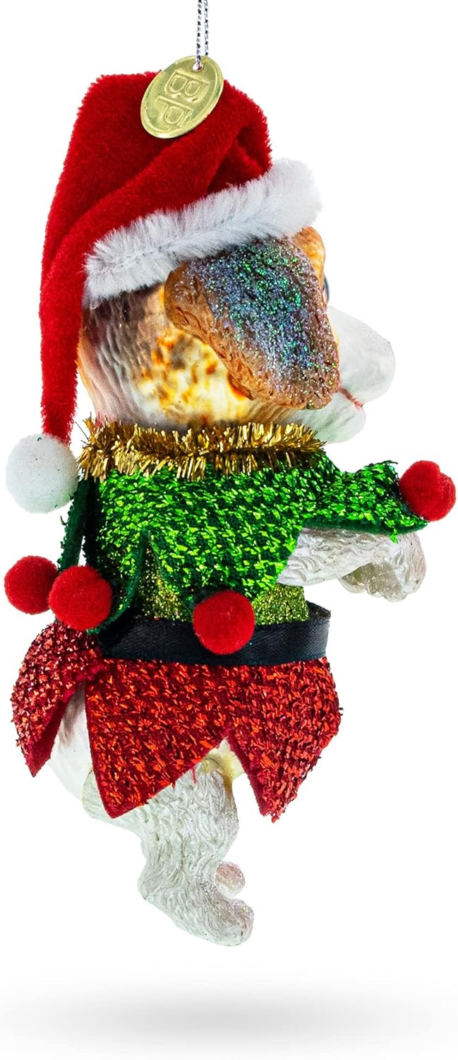 Santa Pup in Elf Costume Glass Christmas Ornament - Image 2