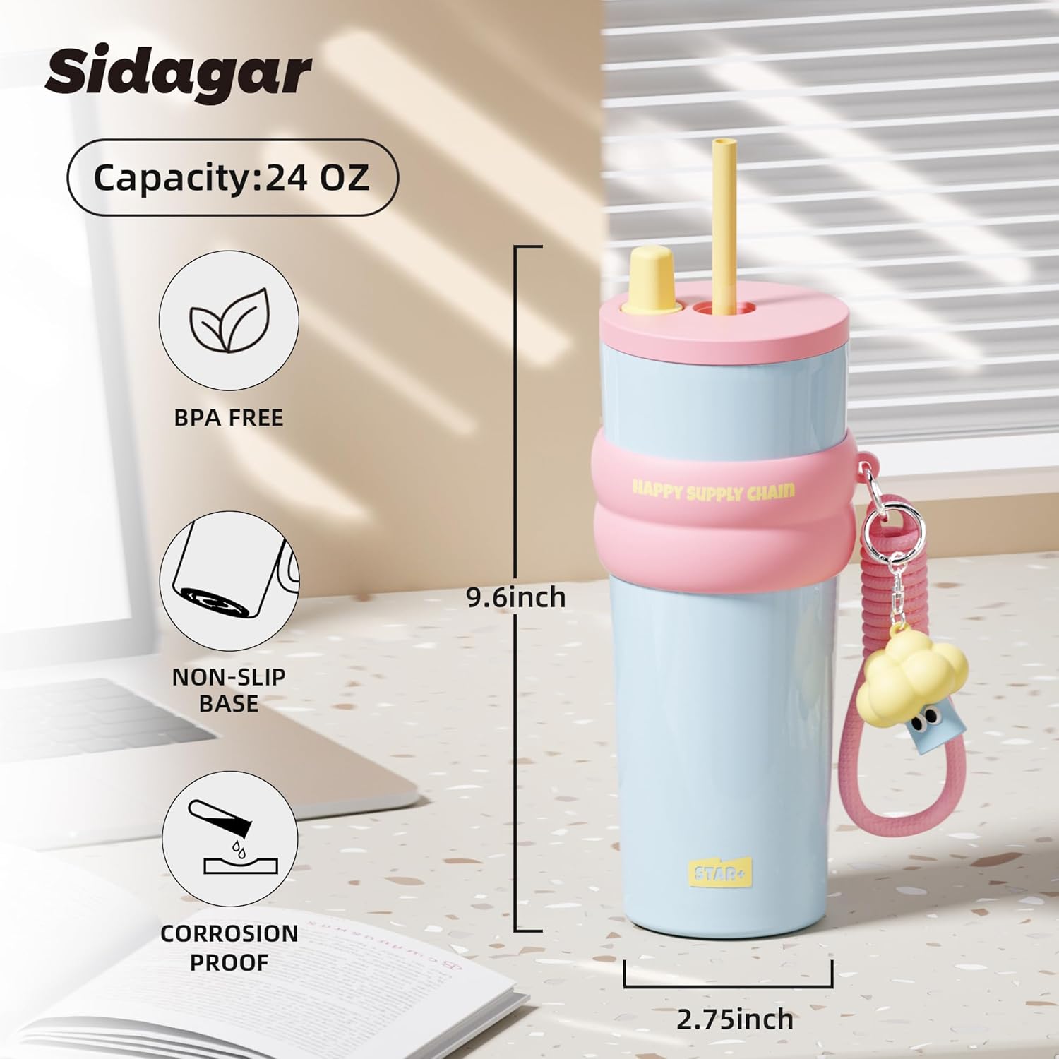 24 oz Stainless Steel Tumbler with Lid and Straw, Insulated Water Bottle Leak Proof for Hot and Cold, Portable Travel Coffee Mug, Reusable Coffee Cup for Women, Blue - Image 2