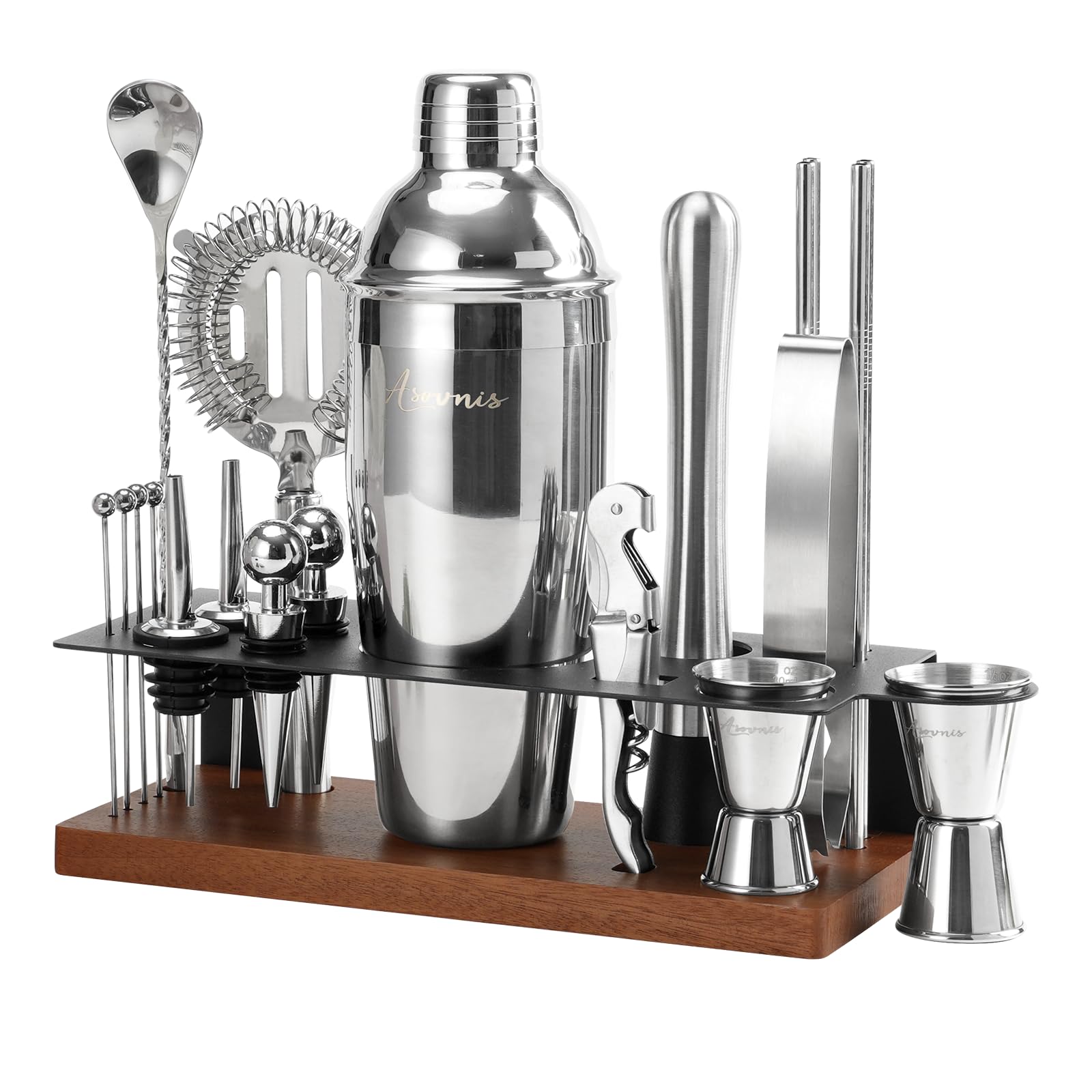 23-teiliges Barkeeper-Set, Cocktail-Shaker-Set mit Ständer|Bar-Getränkemixer-Set mit allen wichtigen Bar-Tools: Martini-Shaker, Sieb, Löffel, Stößel, für Zuhause, Bar, Party (braun-F)