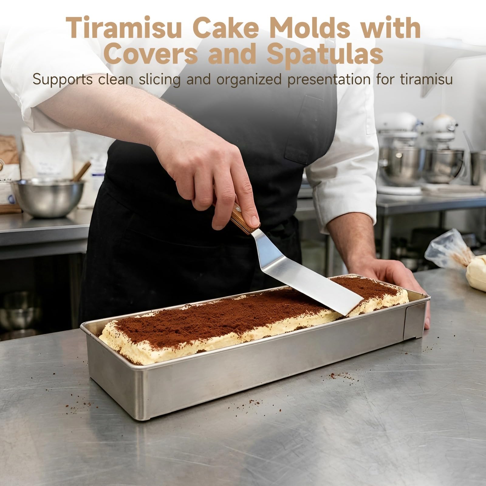 Lot de 2 moules à gâteau tiramisu avec couvercles en acrylique et 3 spatules à manche en bois, en acier inoxydable antiadhésif, 15,9 x 3,9 x 2,6 in pour tiramisu, cheesecake, mousse, lasagne