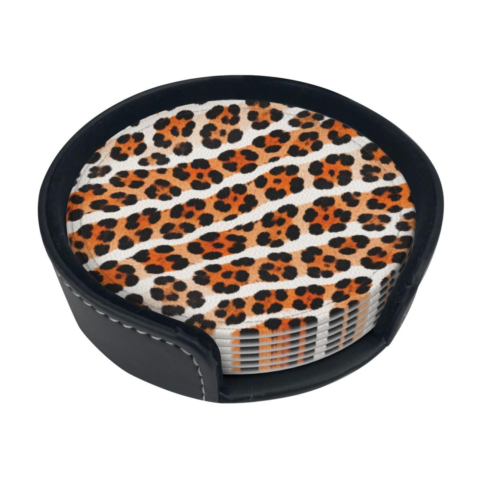 Cntdbu White Leopard Print Leather Coasters Set Of 6-Pu Leather Drink Mats For Table, Heat Resistant Round Coasters With Holder