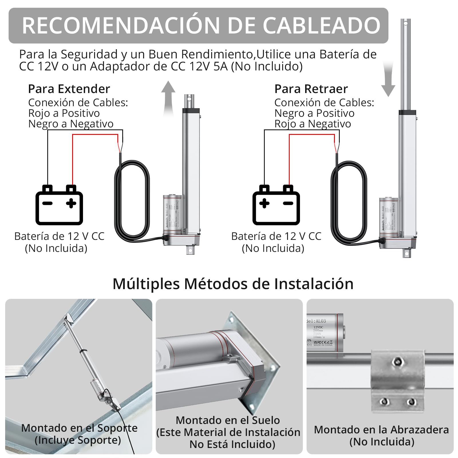 Justech DC 12V Actuador Lineal Motor 750N 200mm para Auto RV Abridor Eléctrico de Puerta Construcción de Maquinaria Agrícola Industrial Vehículo de Barrido Limpios Buques de Carga y Otra Aplicación
