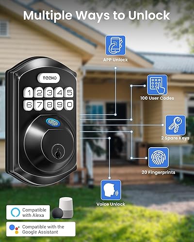 Miniatura 2 de TEEHO TE012W-H - Cerradura inteligente WiFi para puerta de entrada sin llave con asa, cerradura de cerrojo de huellas dactilares con código, juego