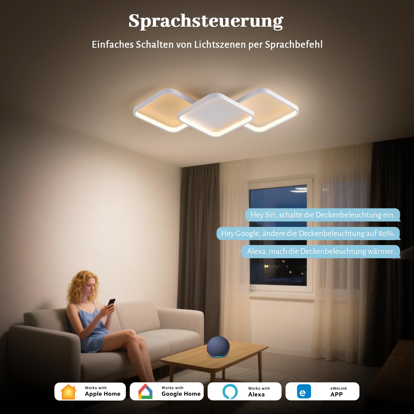Sky angle Lampada a Soffitto Smart con Controllo Vocale tramite Alexa/Google Home, LED Dimmerabile, Lampada a Soffitto LED per Soggiorno, Camera da Letto, Bagno, Cucina