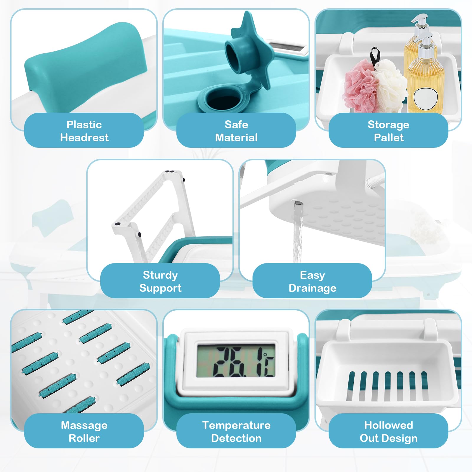 Baignoire Pliable pour Adulte - 132 x 64 x 54 cm - Mobile Avec Couvercle - Panier à Savon Portable - Roulettes de Massage - Idéal pour Petites Salles de Bains