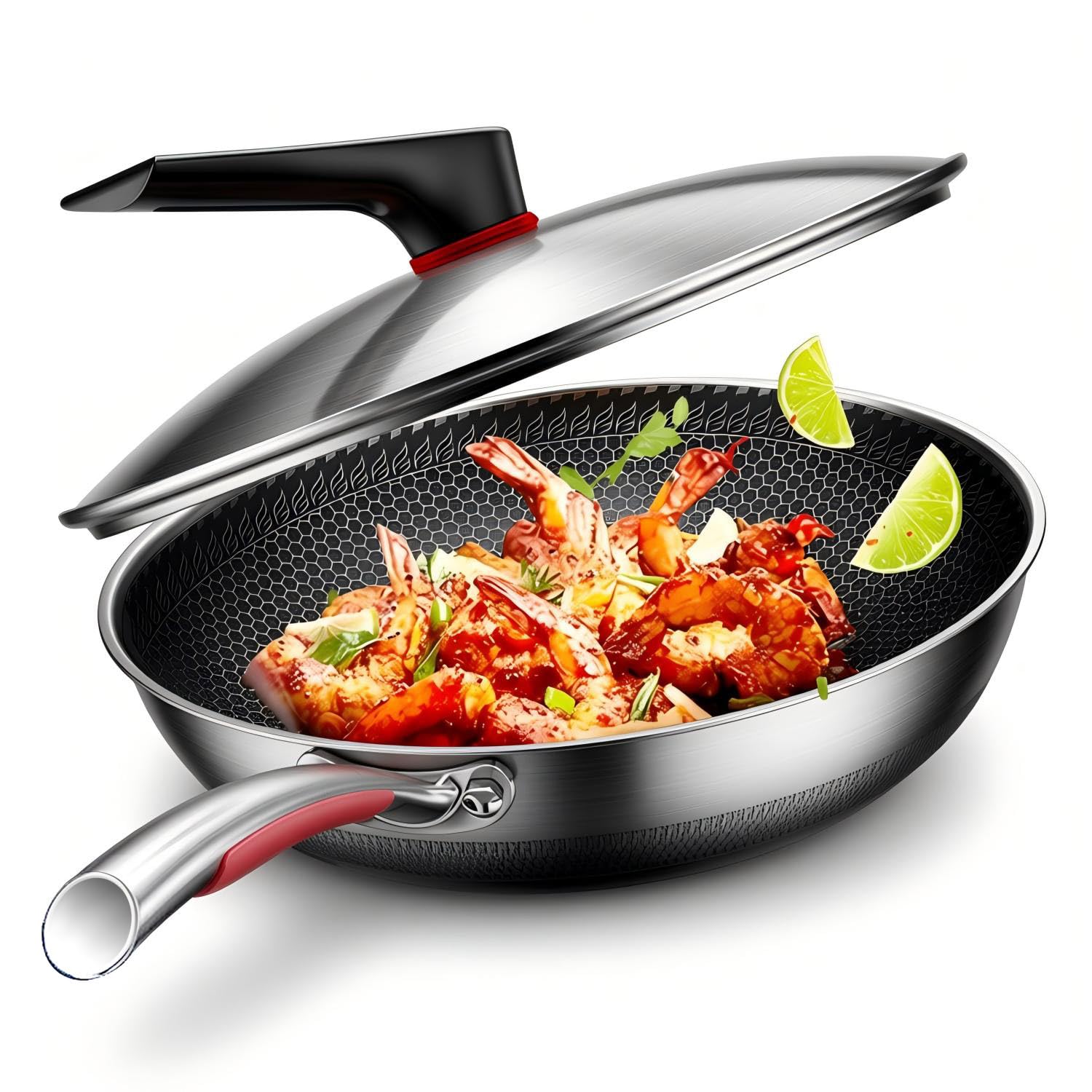MEGOO 12 inch Stainless Steel nonstick wok with lid | Honeycomb wok & stir-fry pan | induction wok Compatible with All Cooktops | Dishwasher Safe | PFOA/PFA-Free