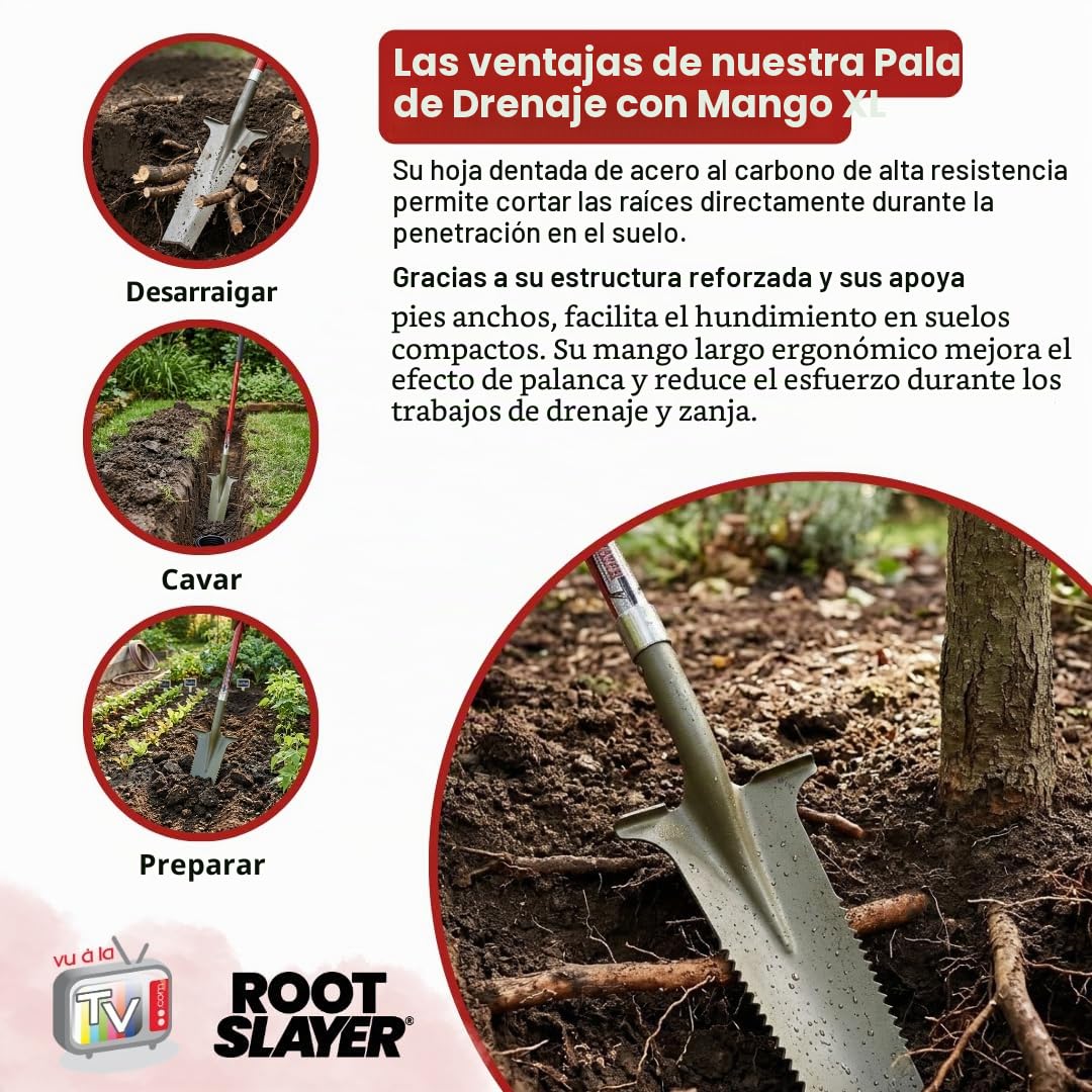 Pala de Drenaje con Mango XL - ROOTSLAYER - VENTEO - Hoja en V invertida - Dientes Ultra afilados de Acero al Carbono
