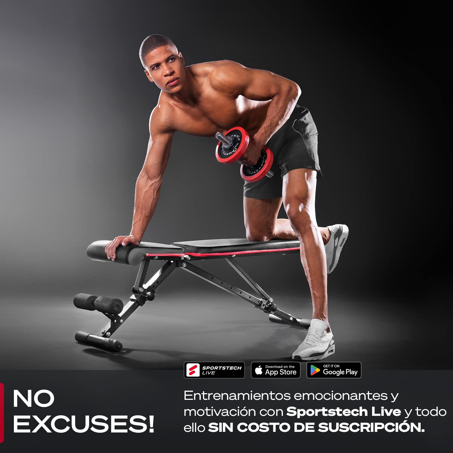 Banco de pesas Sportstech, plegable, inclinado y plano, max. carga de 180 kg, para entrenar los abdominales y ponerse en forma + más de 40 combinaciones para uso doméstico | BRT400