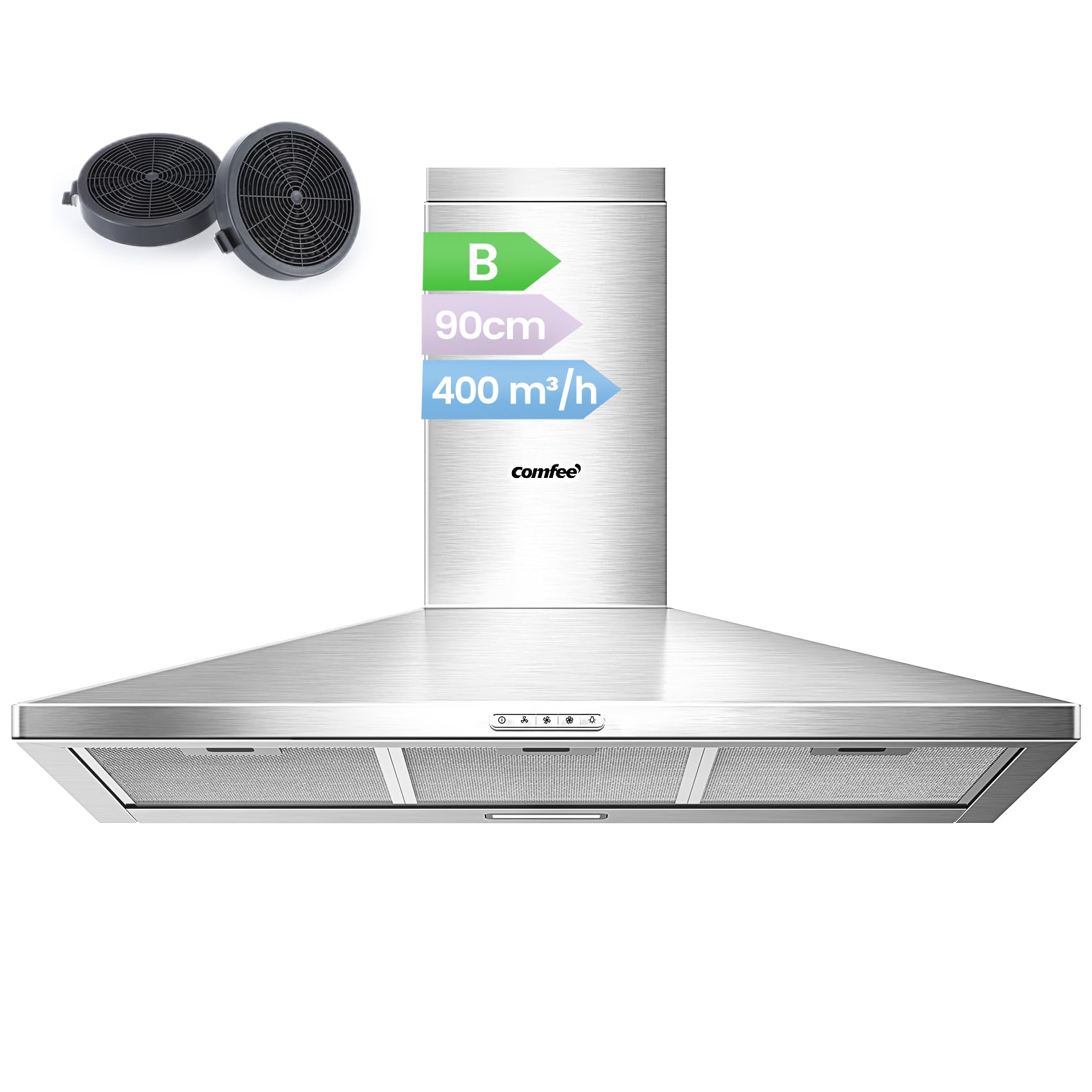 COMFEE' Cappa Aspirante 90 cm PYRA17B-90 Nera Cappa Cucina con LED, Sistema di Ricircolo e Canalizzazione e Filtri a Carbone