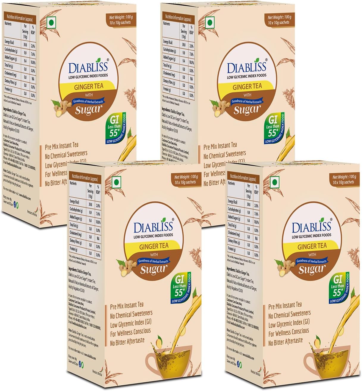 - Herbal Wellness Ginger Tea โ Low GI Instant Tea with 17 Herbs & Spices | Natural Lemon Flavour | Glucose-Friendly Drink for Daily Wellness | Trusted by Consumers in 3 Continents | 10g Sachet Box - Pack of 4