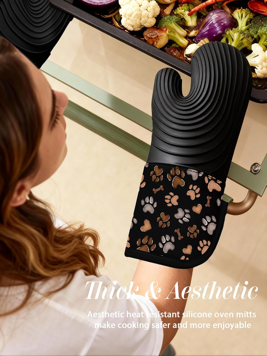 Slohif Long Silicone Oven Mitts Heat Resistant for Women - 2 Pcs Dog Paw 100% Cotton Oven Gloves, Non-Slip and Waterproof Silicone Oven Mitts with Hanger for Baking and Cooking - Image 5