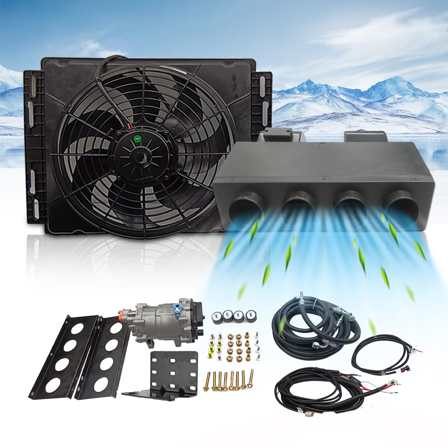 12V Air Conditioner Auto Universal Under Dash A/C Kit Car ac system Fit For Van Auto RVs Truck Electric Parking air Conditioning Energy Saving (Only Cool 404-000-01)