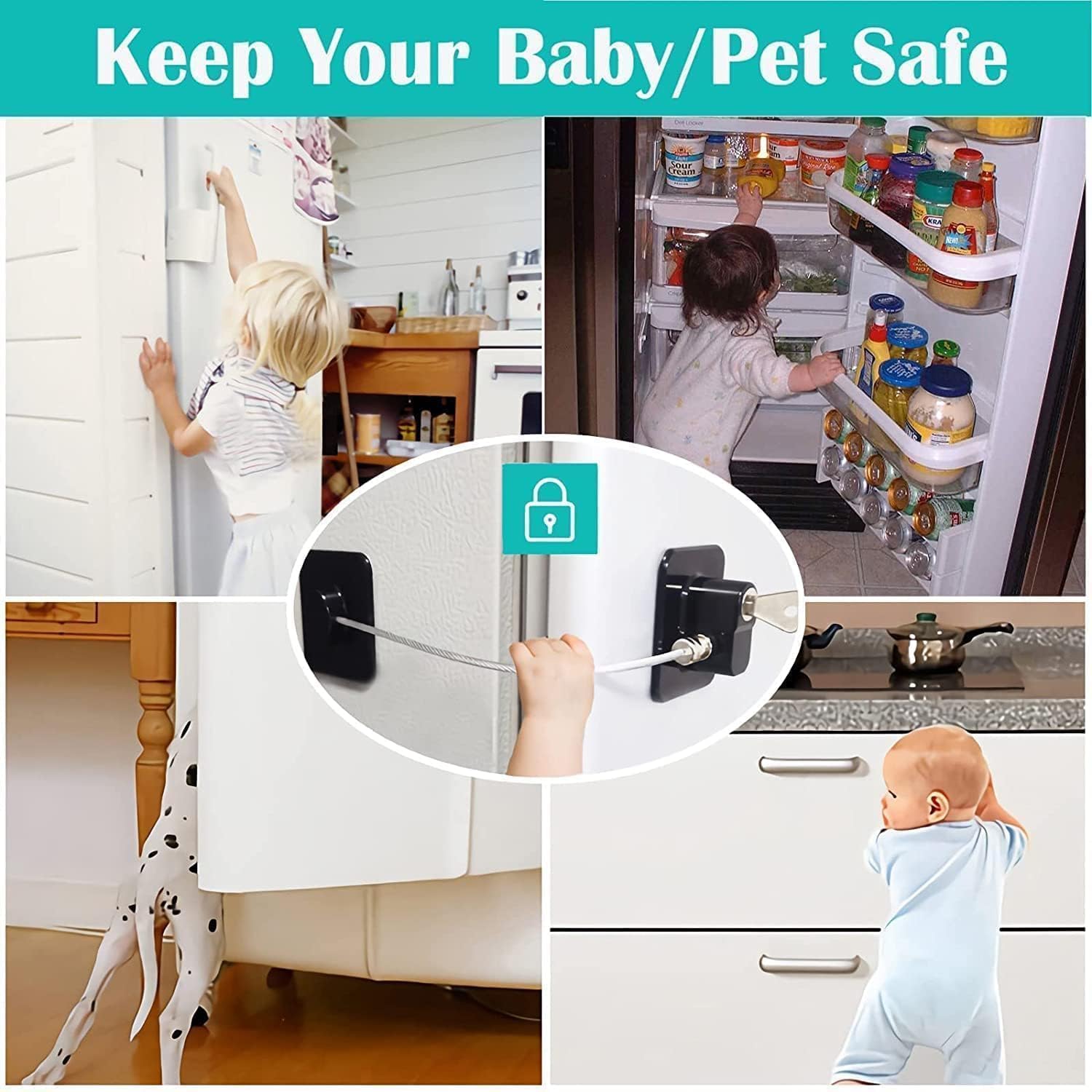 Qivela Child Safety Device Refrigerator Door Lock with 1 Key and Adhesives, Cabinet Restrictor Cable for Baby and Toddler, Lock for Cupboards, Drawers, Fridge, Wardrobe (Medium, 1, Piece) 3