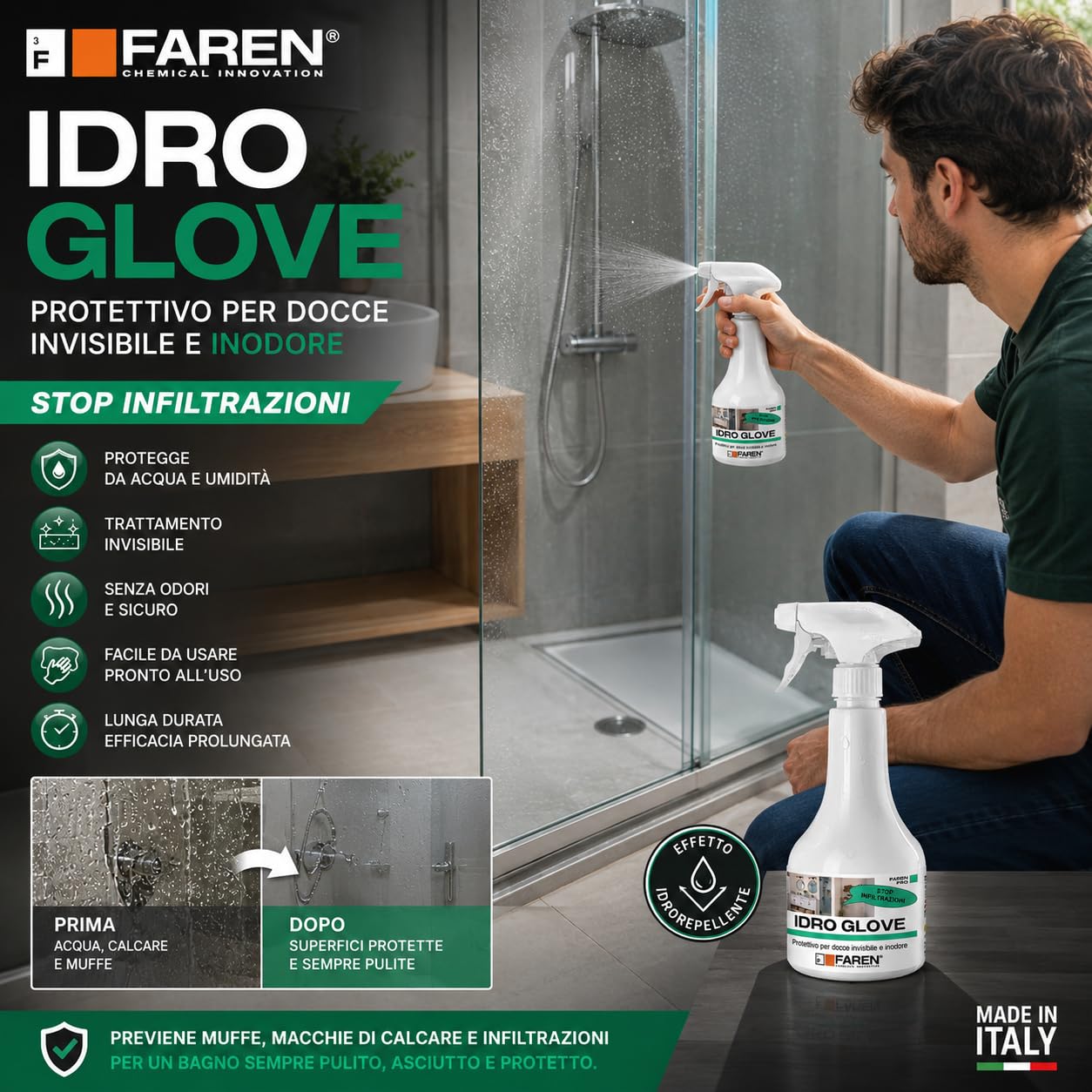 Faren IDRO GLOVE, Protettivo per Docce Invisibile e Inodore, 500ml | Impermeabilizza le Superfici ed Elimina le Infiltrazioni d'acqua nelle fughe