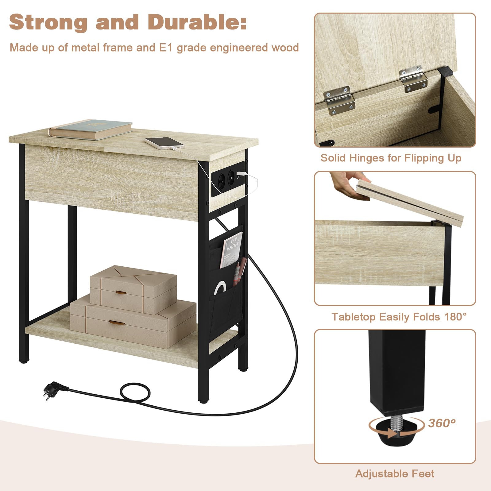 EUGAD Tavolino da Salotto con Area di Ricarico, Tavolino da Divano Laterale, Comodino con Piano Ribaltabile, Scatola in Tessuto, 2 Prese e 2 Porta USB, Rovere Chiaro