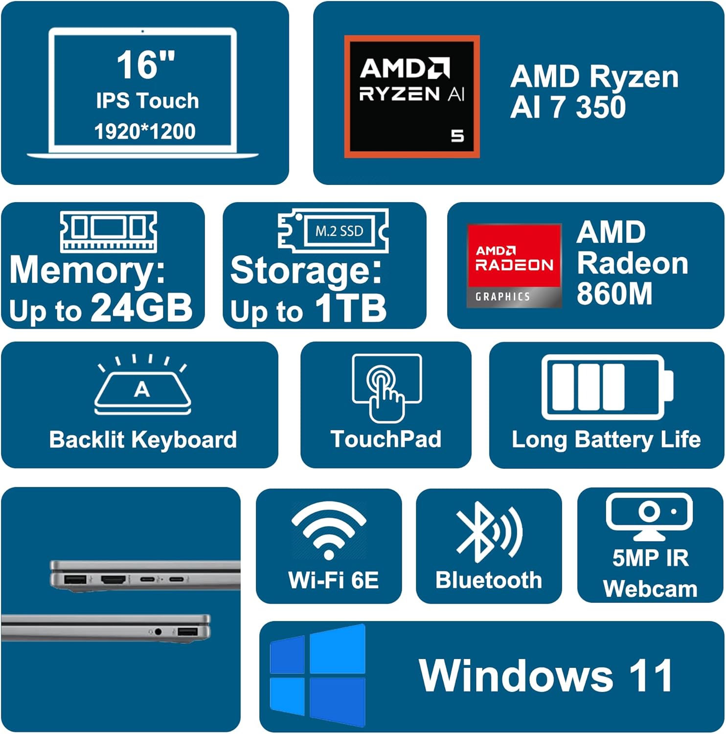 HP OmniBook X Flip 2-in-1 Laptop 16" WUXGA IPS Touch (400nits) AMD Octa-core Ryzen AI 7 350 (Up to 50 Tops) 24GB RAM 1TB SSD for Creator Designer Business Professional Win11 ICP Hub