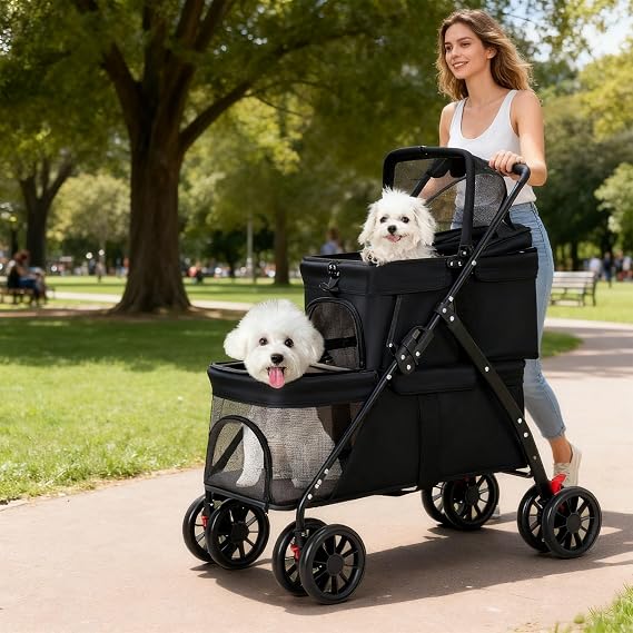 Double Dog Stroller for Medium Small Dogs and Cats Load-Bearing Up to 50lbs, Durable 360 Universal Wheels Lightweight One Hand Foldale Kittens Puppies Travel Stroller Cart(Double)