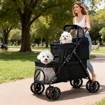Double Dog Stroller for Medium Small Dogs and Cats Load-Bearing Up to 50lbs, Durable 360 Universal Wheels Lightweight One Hand Foldale Kittens Puppies Travel Stroller Cart(Double)