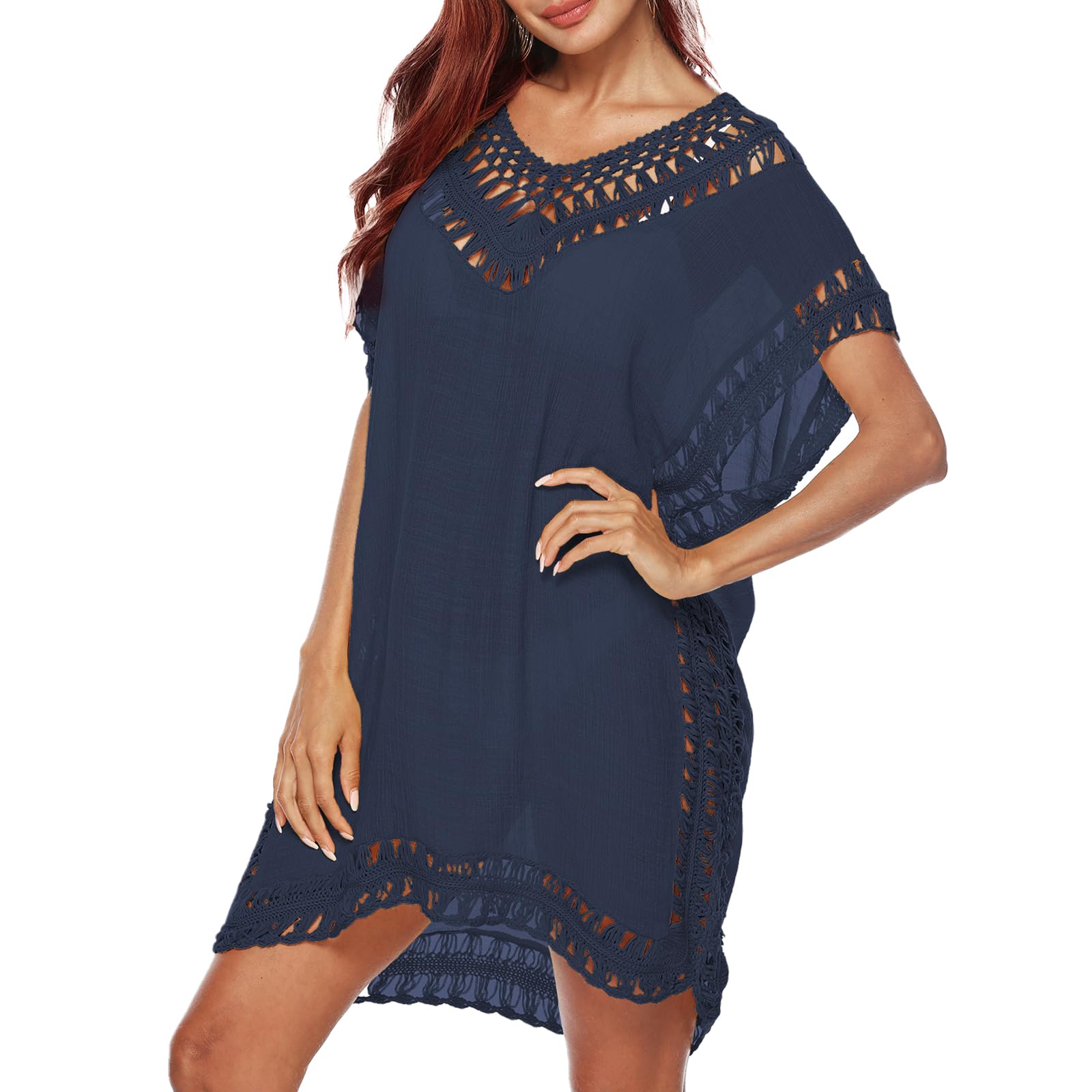 Women's Swim Cover-ups Beachwear Summer V Neck Knitted Hollow Out Beach Dress Short Sleeve Crochet Bikini Swimsuit Bathing Suit Cover Up Plus Size Coverup Dress for Ladies