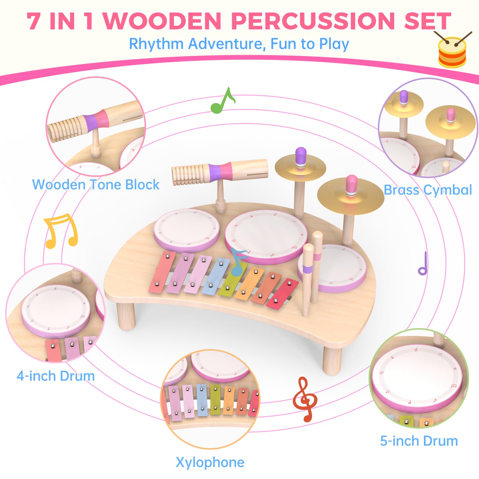 Juego de Tambor Musical para niñas de 1 a 3 años | Montessori Juguete Musical de Madera a Partir de 1 año | Kit de Tambor Infantil con xilófono | Juguete Educativo cumpleaños — view 2