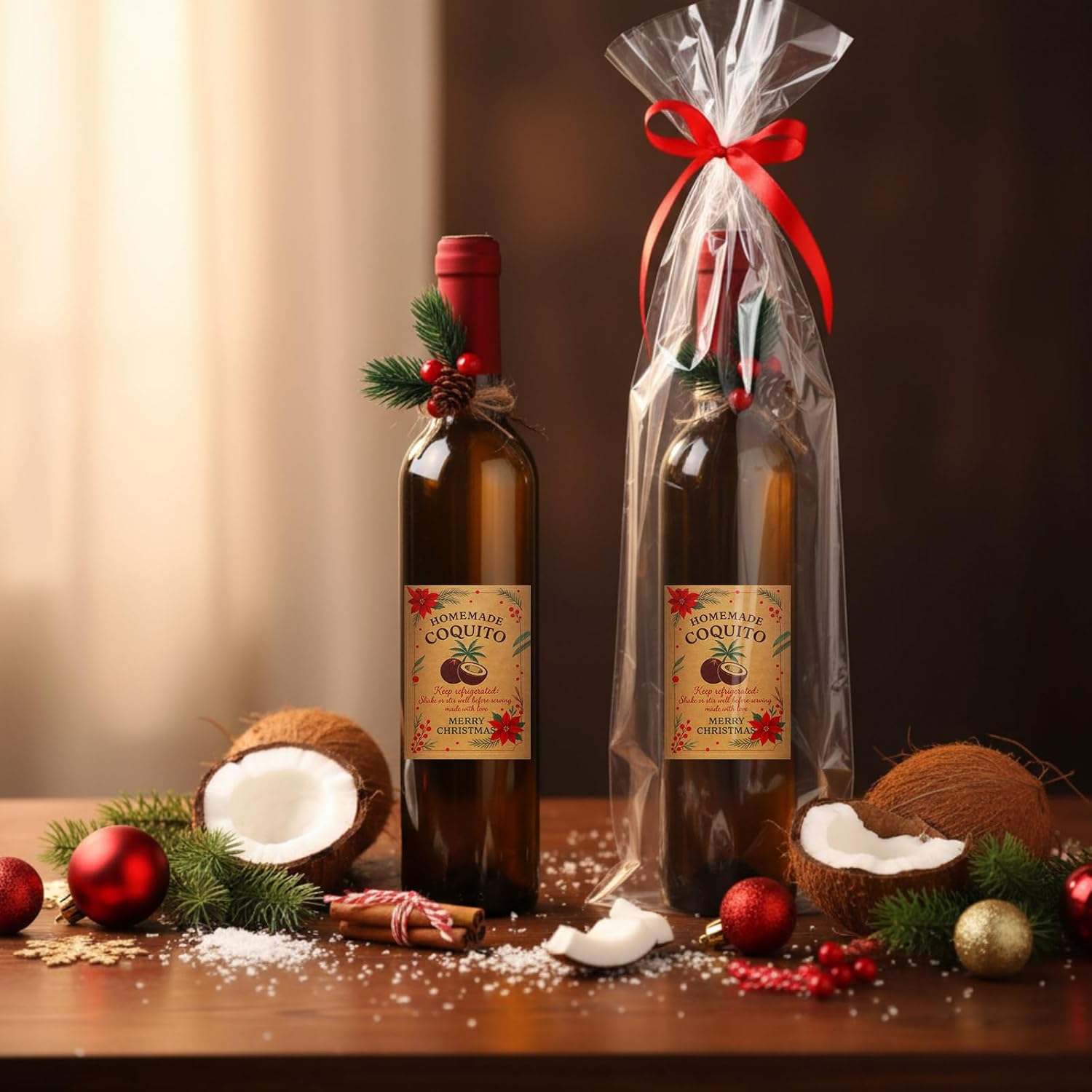 12 Set 17 oz Class Wine Bottles with Cork Lid Airtight Caps for Homemade Coquito Empty Clear Wine Bottles for Liqueur Eggnog DIY Gift Party Supply(Brown)