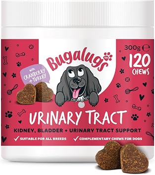 Bugalugs Urinary Tract Dog Chews helps stop dogs urinating in house & dog incontinence. supports UTI, Bladder & Kidney with Cranberry, D-Mannose & Marshmallow root. Grain free dog treats -120 chews