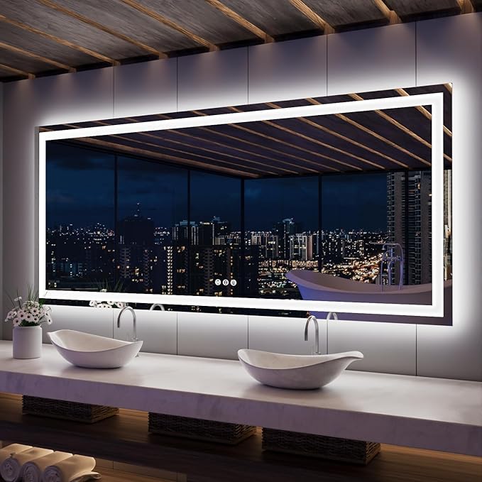 ISKM LED Mirror for Bathroom Lighted Vanity Mirror for Wall Front Lights + Backlit LED Bathroom Mirror Anti-Fog Tempered Glass ETL Listed (Front and Backlit, 84'' x 40'')