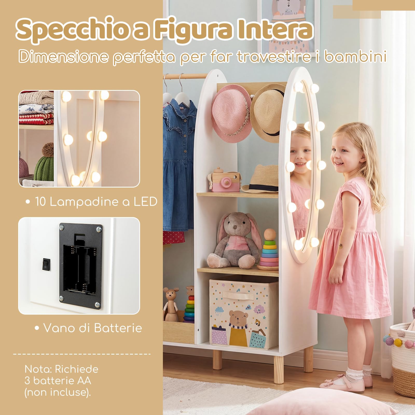 COSTWAY Guardaroba per Bambini, Armadio Gioco con Specchio e Luci, Guardaroba Aperto con Ripiani e Ganci, Organizer per Stanza e Camera da Letto, 91x28x110 cm