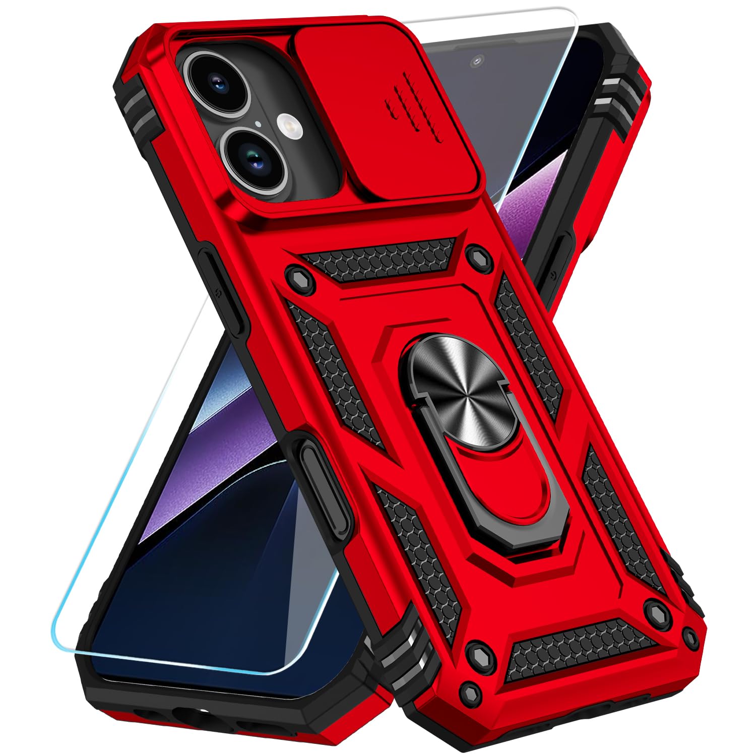 Photo 1 of SunStory Compatible with iPhone 17 Case with HD Screen Protector & Slide Camera Cover & Rotated Ring Kickstand, [Military-Grade] iPhone Case for iPhone 17,Red