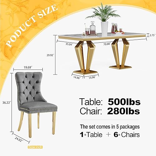 Miniatura 3 de Juego de comedor de lujo de 7 piezas, mesa de comedor moderna y sillas tapizadas, juego de mesa de cocina de mármol para 6, juego de mesas de