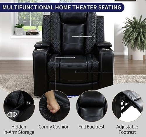Miniatura 3 de Juego de sillones reclinables eléctricos con luces LED, juego reclinable de cuero acolchado con aire con puerto USB/almacenamiento/portavasos/luz de