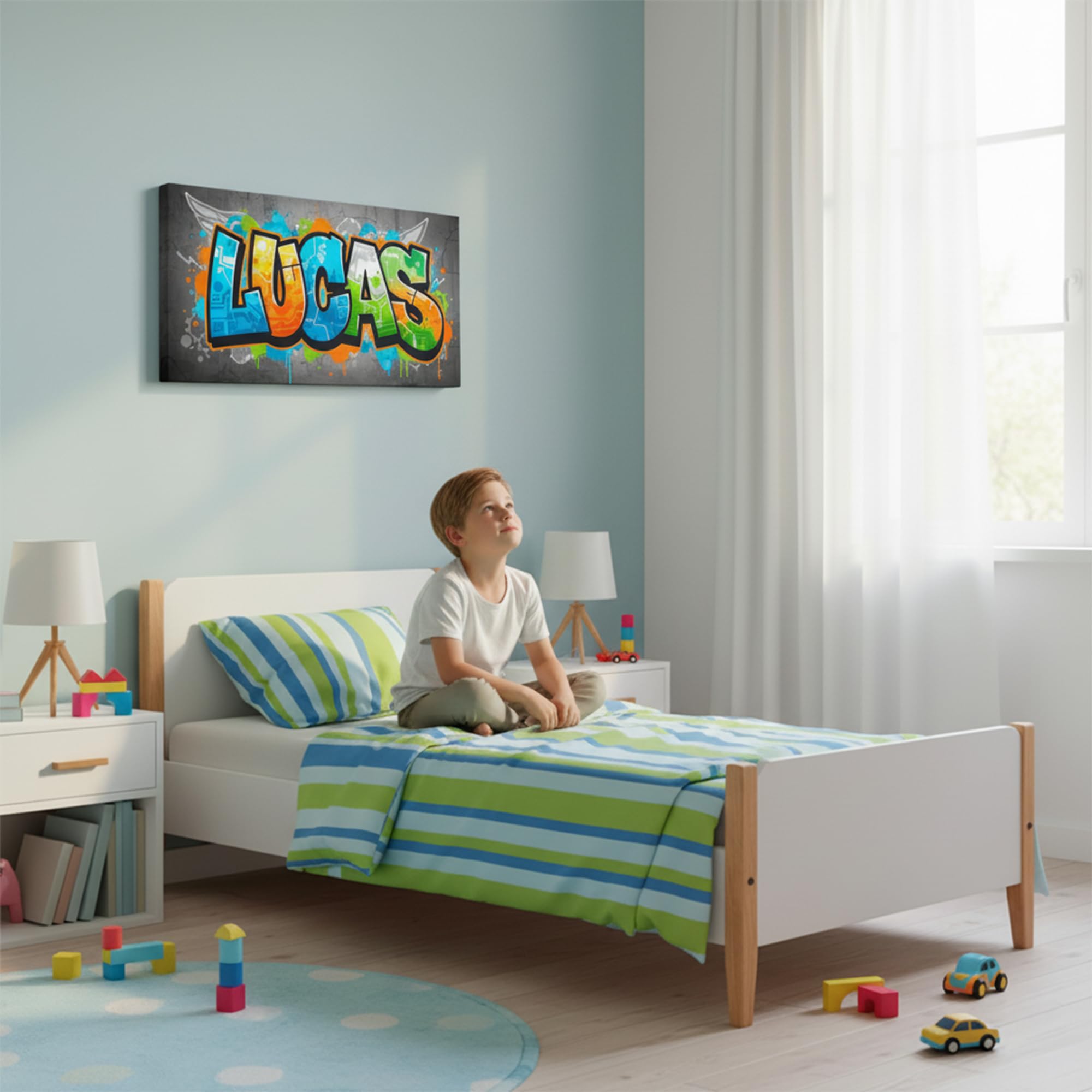 Triangle Déco - Lienzo personalizado para niños, cuadro de pared, diseño de graffiti azul, decoración de habitación infantil o adolescente, regalo personalizado nacimiento cumpleaños bautizo Navidad
