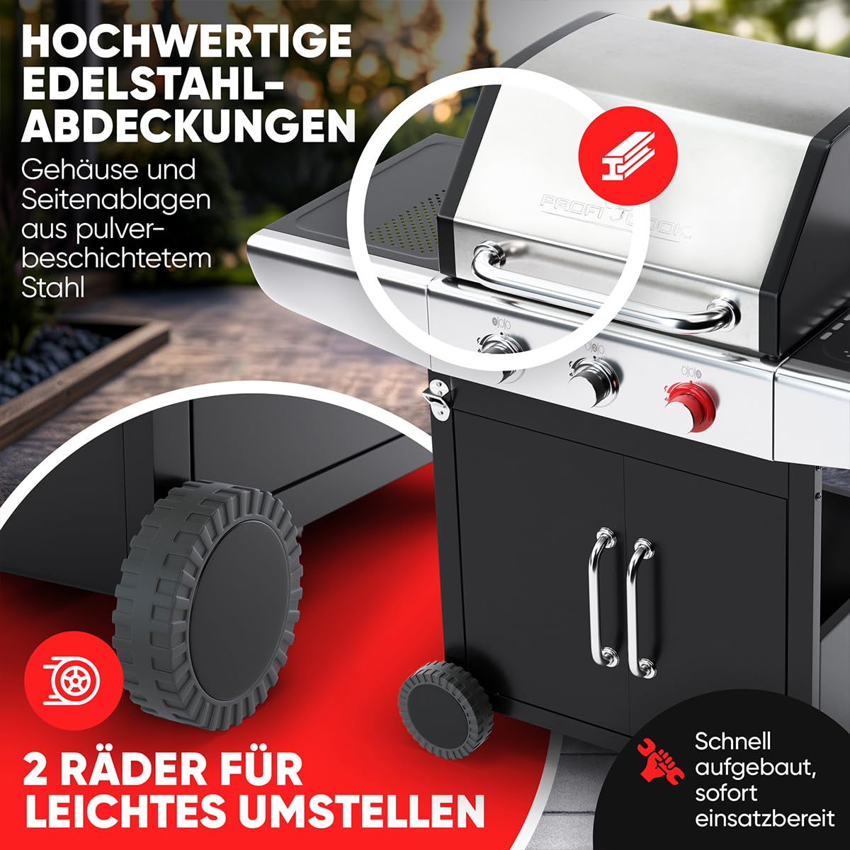 ProfiCook® Gasgrill für Temperaturen bis zu 400°C | mit Power-Zone | Roste aus echtem Gusseisen | Gasgrill 3 Brenner | Temperaturanzeige | Flaschenöffner | 3 Brenner | Balkon | PC GG 1310