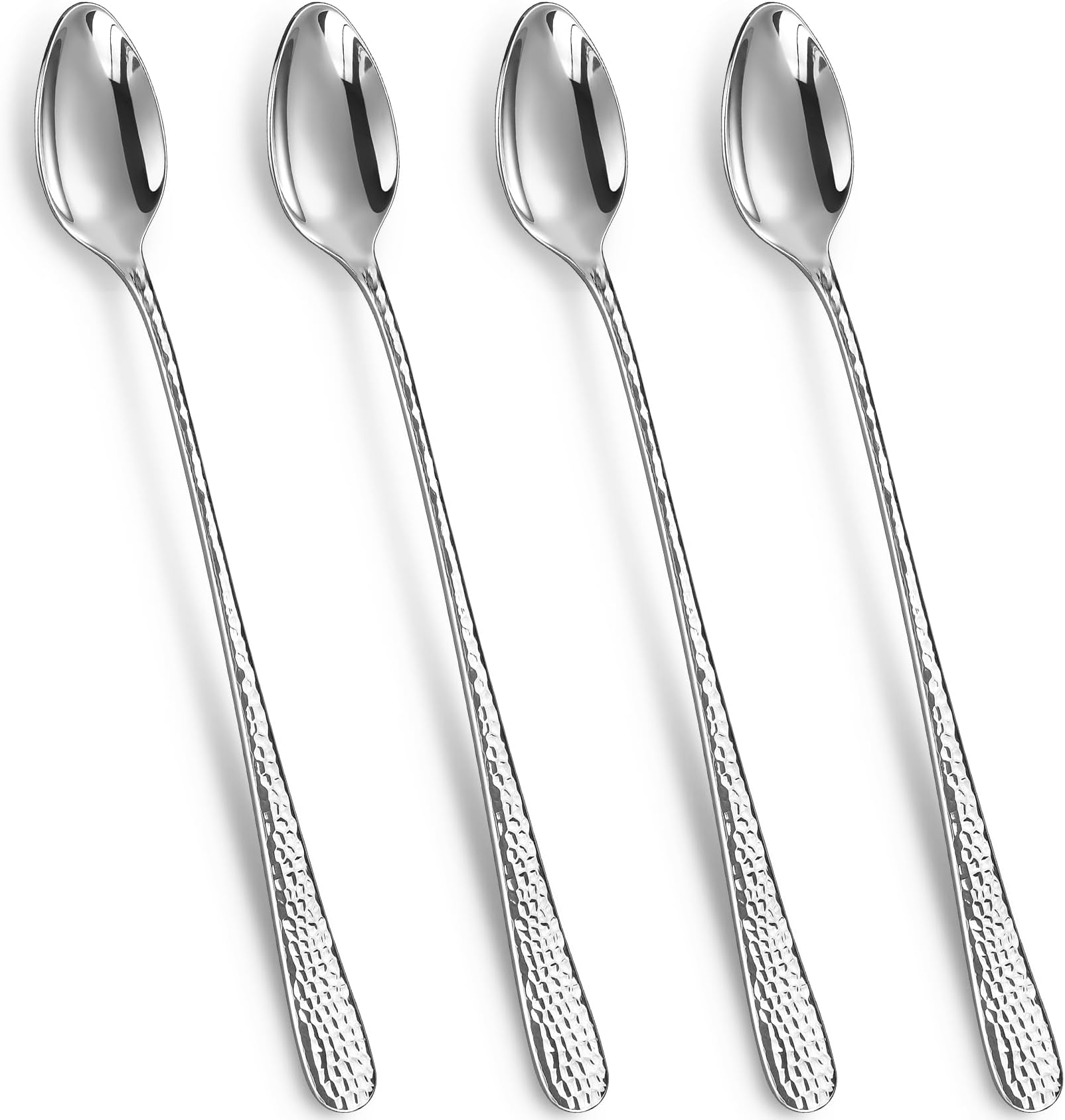 Premium Louise Hammered Long Handle Iced Tea Spoons: 4-Piece/8-Piece Set, 18/10 Stainless Steel, Teaspoons, Coffee Spoons, Brightly Mirror-Polished, Dishwasher Safe (4, 9 inches)